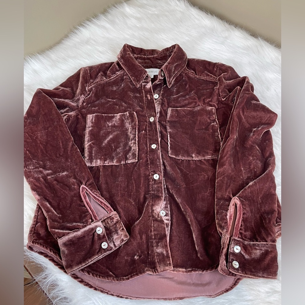Evereve Eloise Velvet Button-Up Shirt - Brown XS - Picture 3 of 11